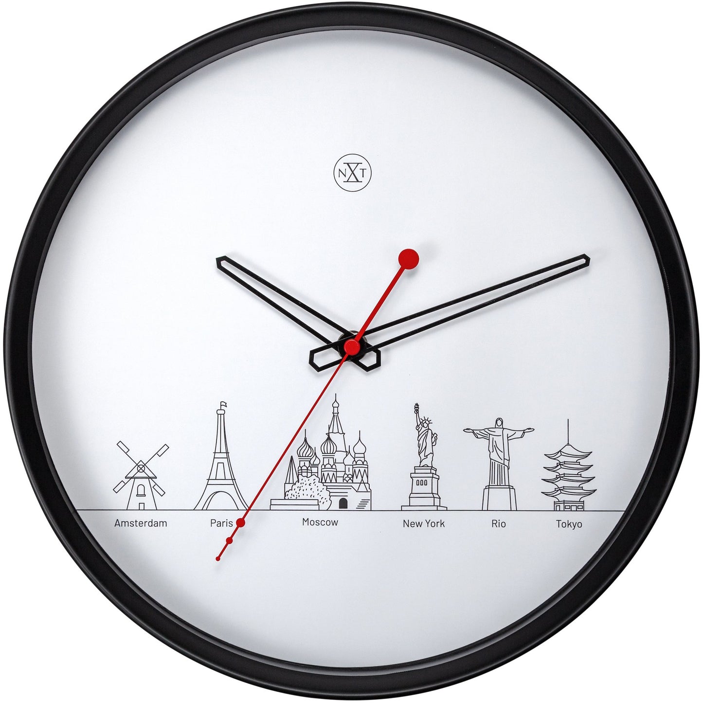 nXt- Wall clock - Ø 30 cm - Plastic - Black / White - 'Worldtour'