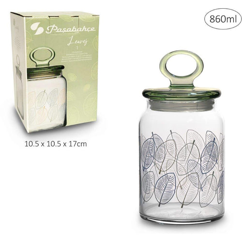 Glass Jar With Leaves Print And Lid - 860ml