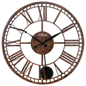 Large Roman Wall Clock - 50cm - Open Faced - Brown - Metal - Pendulum - "London" - NeXtime