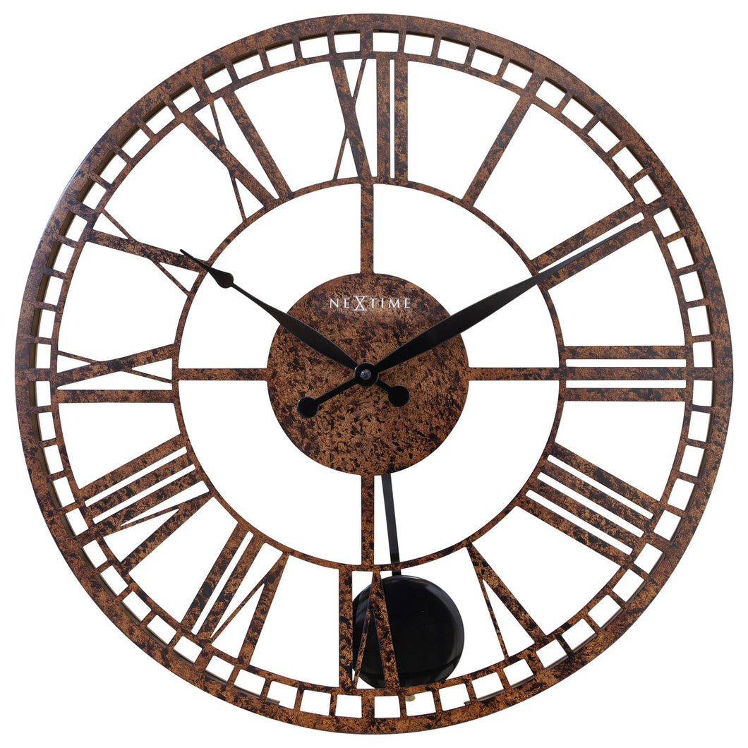 Large Roman Wall Clock - 50cm - Open Faced - Brown - Metal - Pendulum - 