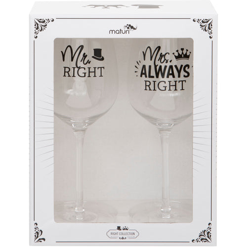 Set of Two Mr Right and Mrs Always Right Wine Glasses