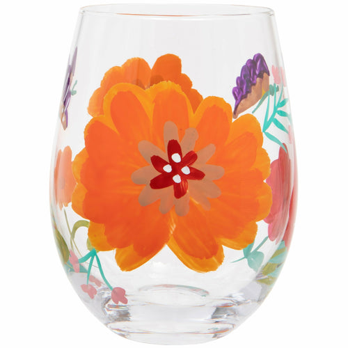 Hand Painted Flowers Stemless Wine Glass