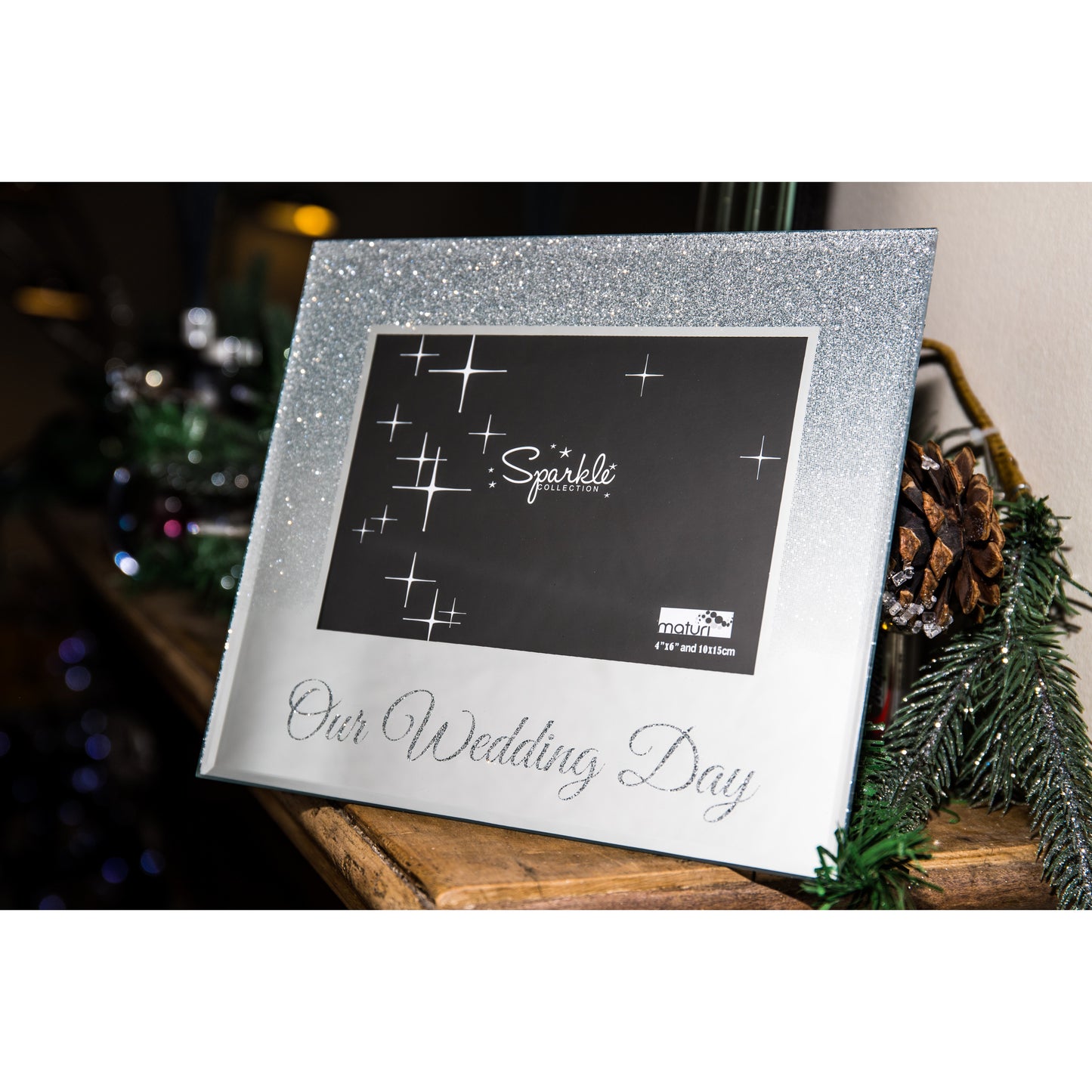 Our Wedding Day Mirrored Silver Glitter 6 x 4 Inch Photo Frame