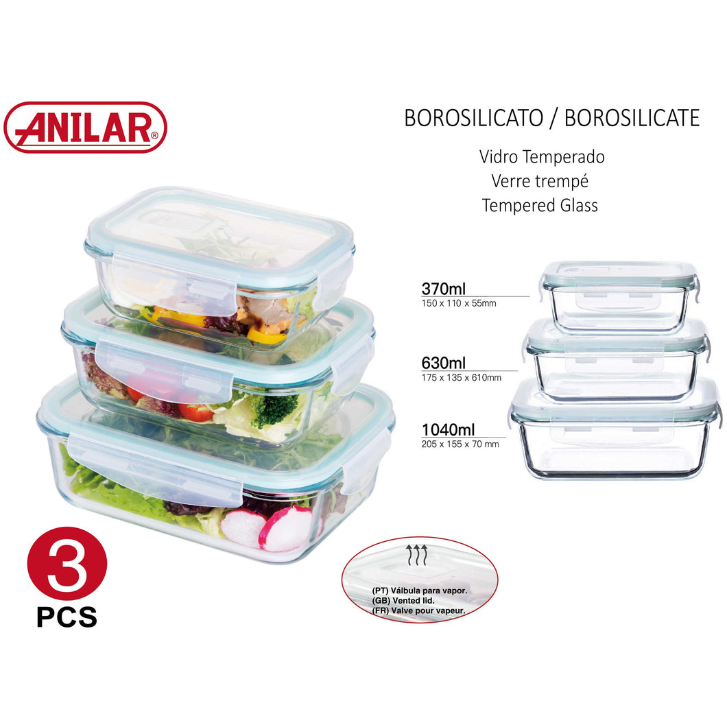 Tempered Glass Rectangular Food Storage with Lockable Lids - Set of 3