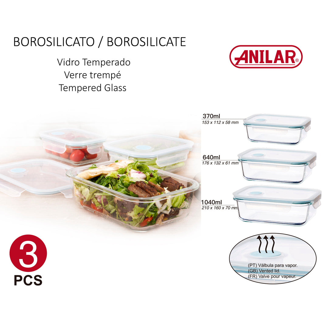 Tempered Glass Rectangular Food Storage with Vented Lids - Set of 3