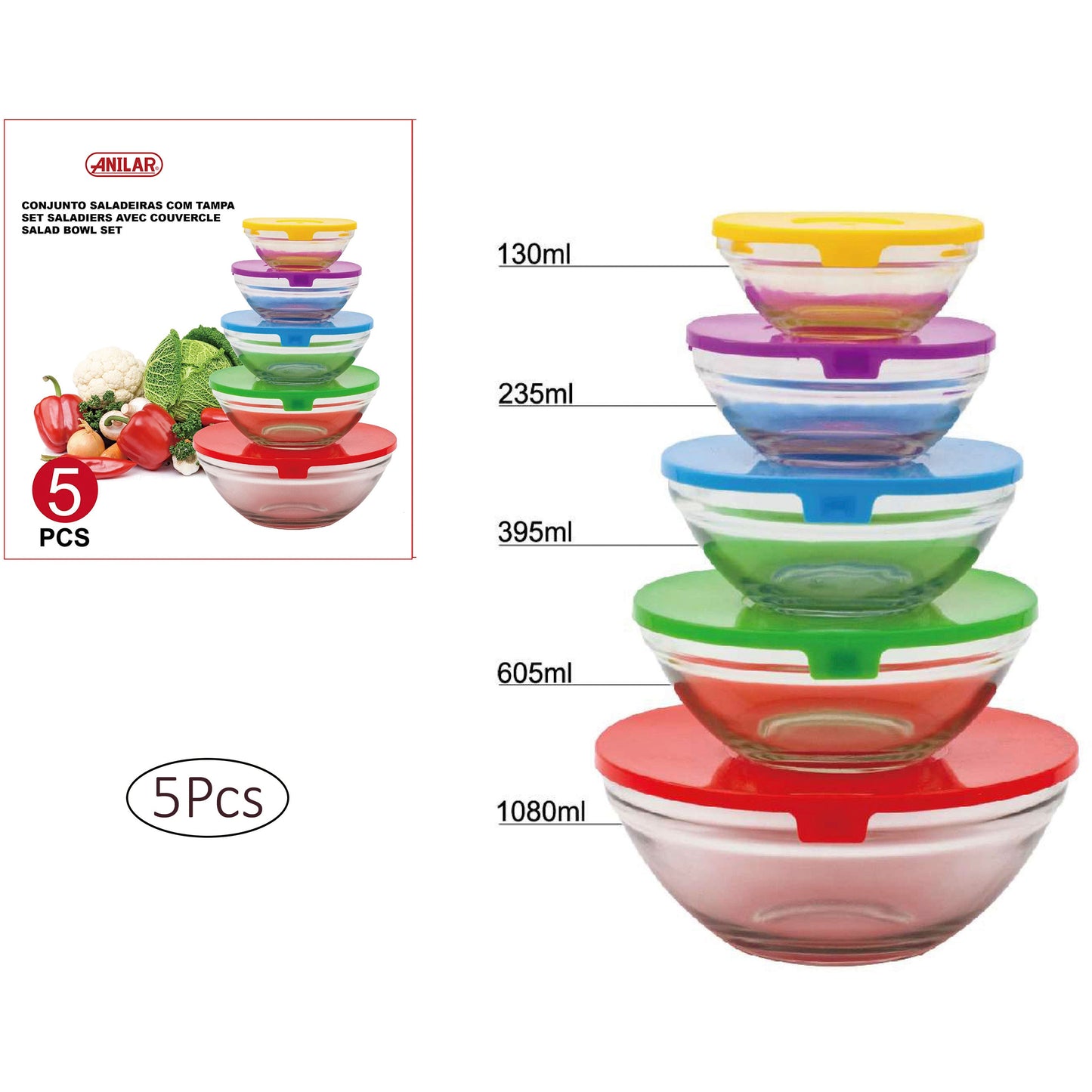 Glass Round Food Storage with Lids - Set of 5